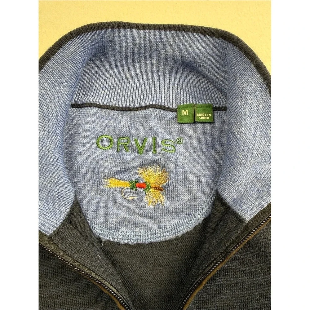Orvis‎ Men's Grey and Light Blue Quarter Zip Knit Pullover Sweater Size M